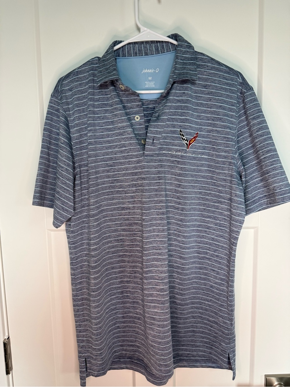 RARE johnnie-O Men's Heathered Blue Striped Polo with Corvette logo
